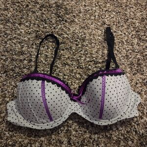 Candie's White Polka Dot Bra with Purple Trim and Black Straps